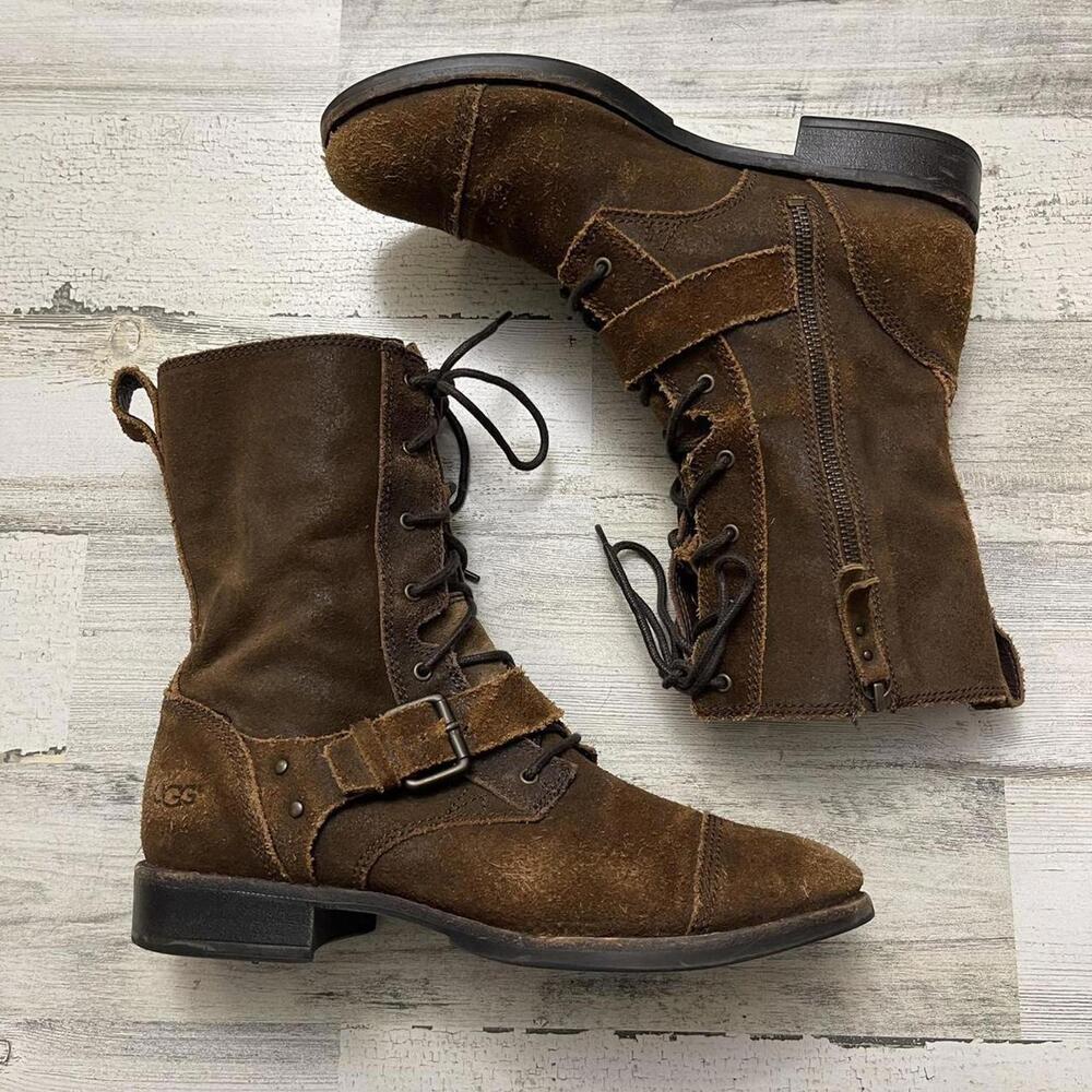 Ugg Brown Aged Leather Suede Mariela Buckle Lace Combat Ankle Zip Boots 10